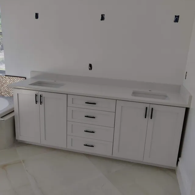 New double vanity with white cabinets