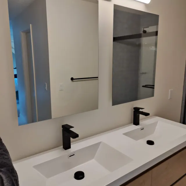 Double vanity with matte black faucets and mirrors