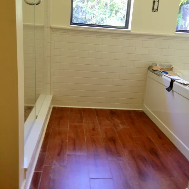 Bathroom with new wood-look flooring